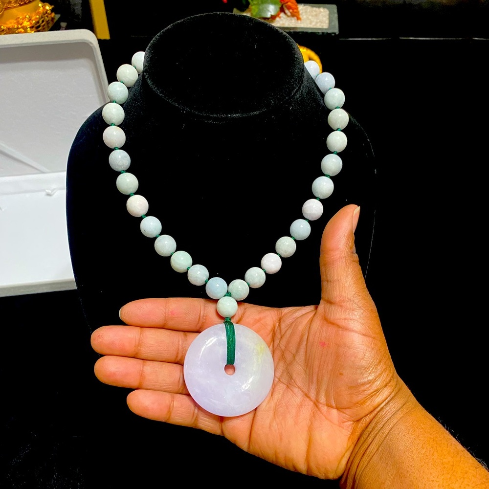 Beautiful Natural Jade necklace with 13.5 mm beads & 2 inch Lucky Coin pendant.